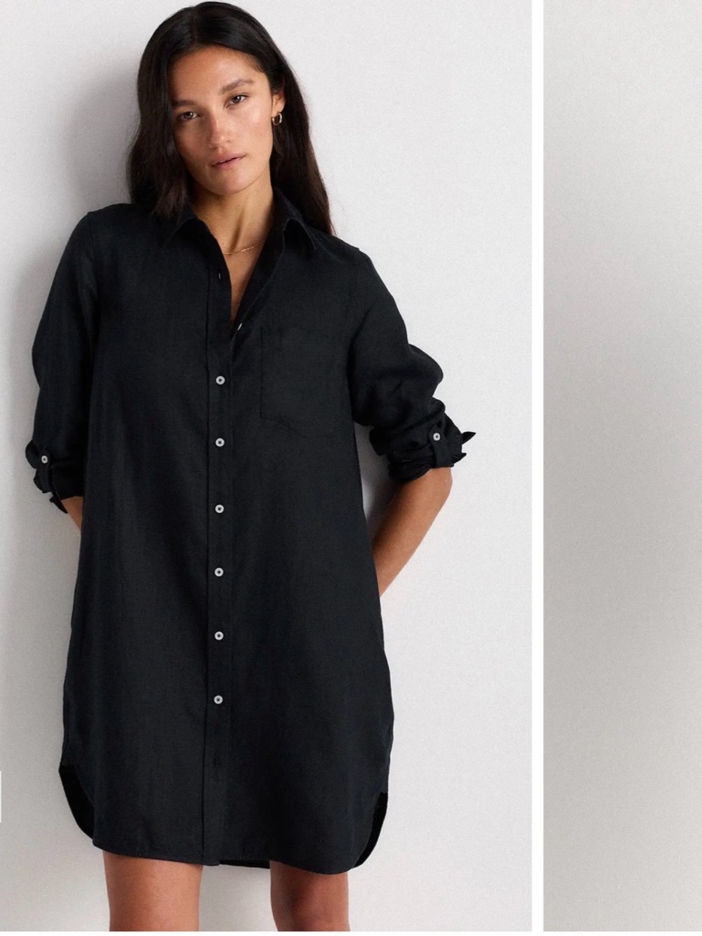 Quince Black Button-Front Mini Shirt Dress